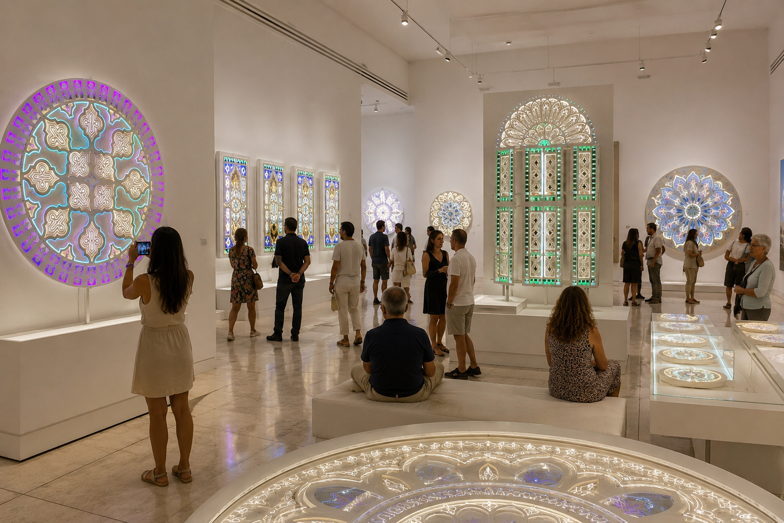 Museum exhibition with luminous architectural installation